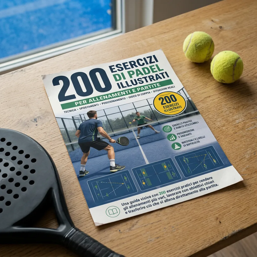 Guida stampata con 200 esercizi di padel su un tavolo, pronta da stampare